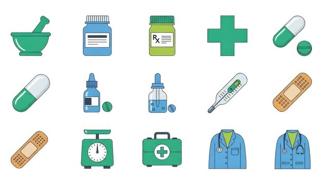 Medicine icons pills, thermometer, mortar, first aid kit, bandage and eyedropper