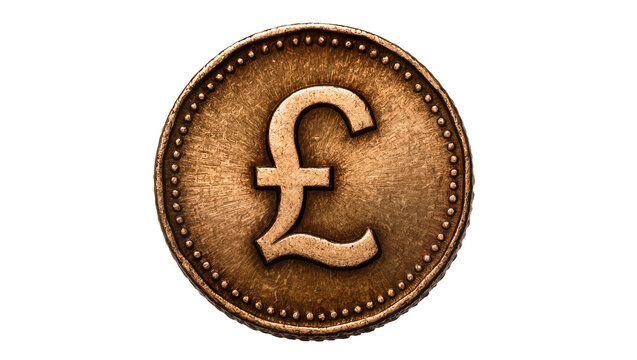 Antique bronze British pound sterling coin with detailed border, isolated on transparent background for financial reports and currency designs