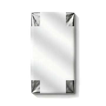 A white rectangular object wrapped in shiny silver paper