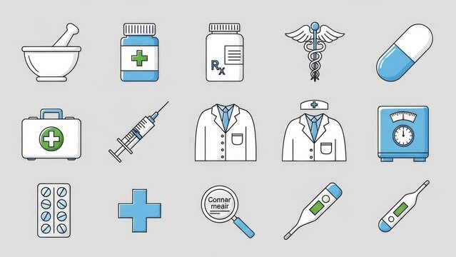Medical icons mortar/pestle, pills, Rx bottle, caduceus, first aid kit, lab coats