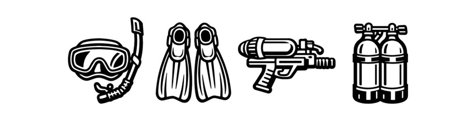 Obraz premium Scuba diving and underwater gear icon set. snorkel mask, swim fins, water gun, twin scuba tanks, diving equipment, underwater exploration. line vector illustration.