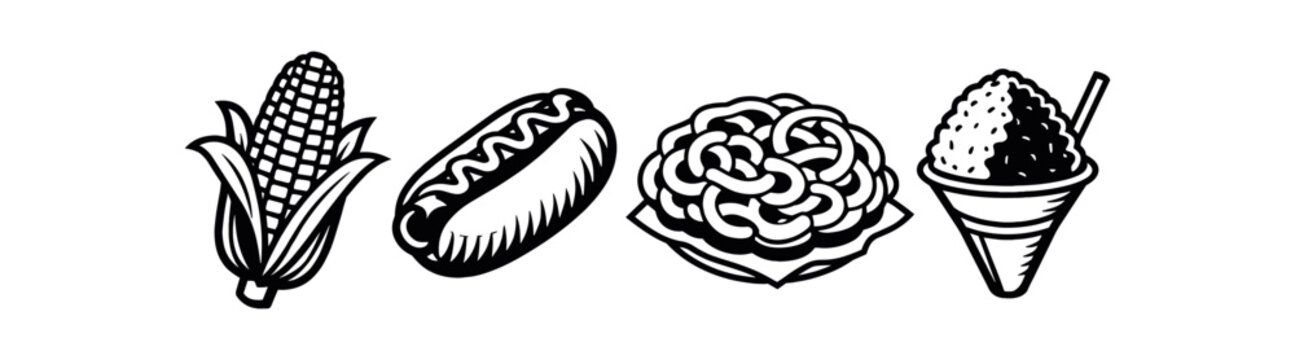 Carnival snacks icon set. corn on the cob, hot dog, funnel cake, shaved ice, fair food, street food, summer treats. line vector illustration.