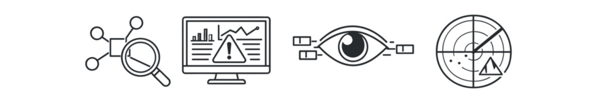 Security and analytics outline icon set. network search, monitoring alert, visual inspection, radar target. line vector illustration.