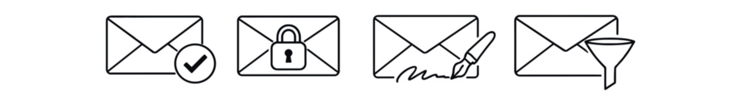 Email envelope outline icon set. mail, message, secure mail, signed letter, filtered mail. line vector illustration.