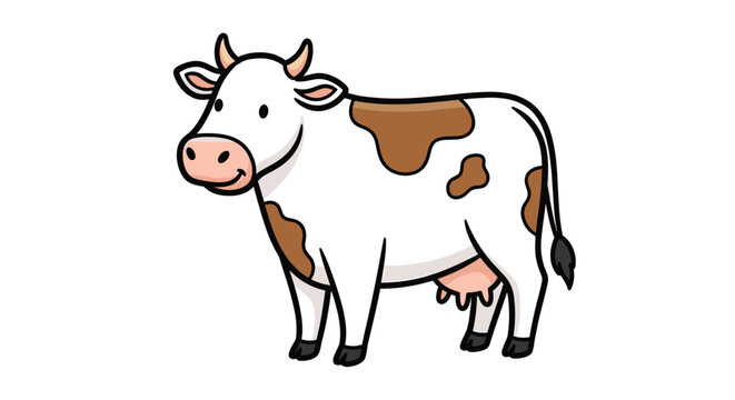 A friendly smiling dairy farm animal standing peacefully with brown spots and udders for agricultural and food industry related educational and marketing uses.