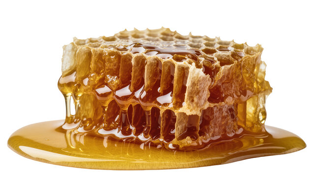 Golden raw honeycomb dripping with viscous amber honey, perfectly showcasing natural sweetness and texture isolated on transparent background for food branding