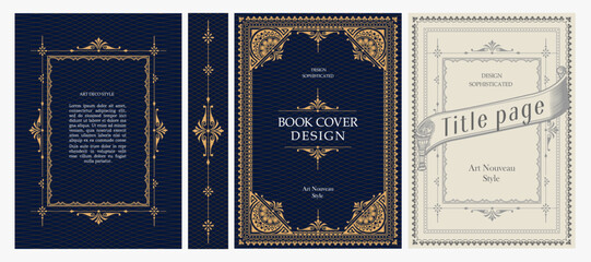 Obraz premium Classic vintage book cover, title page, spine design with Art Deco, Baroque, Art Nouveau and Victorian ornaments. Elegant decorative frame, retro style for publications, posters and artistic layouts.