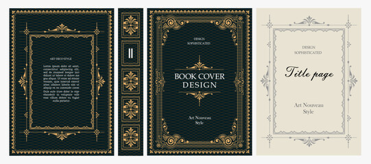 Fototapeta premium Classic vintage book cover, title page, spine design with Art Deco, Baroque, Art Nouveau and Victorian ornaments. Elegant decorative frame, retro style for publications, posters and artistic layouts.