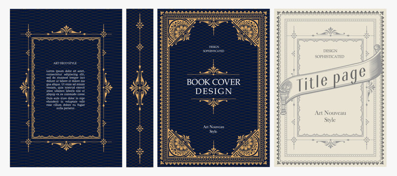 Classic vintage book cover, title page, spine design with Art Deco, Baroque, Art Nouveau and Victorian ornaments. Elegant decorative frame, retro style for publications, posters and artistic layouts.