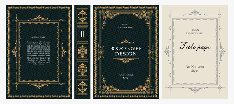 Classic vintage book cover, title page, spine design with Art Deco, Baroque, Art Nouveau and Victorian ornaments. Elegant decorative frame, retro style for publications, posters and artistic layouts.