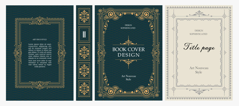Classic vintage book cover, title page, spine design with Art Deco, Baroque, Art Nouveau and Victorian ornaments. Elegant decorative frame, retro style for publications, posters and artistic layouts.