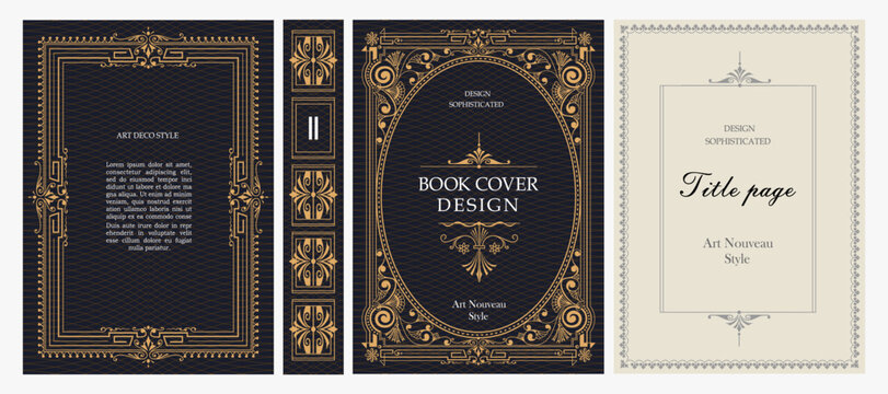 Classic vintage book cover, title page, spine design with Art Deco, Baroque, Art Nouveau and Victorian ornaments. Elegant decorative frame, retro style for publications, posters and artistic layouts.