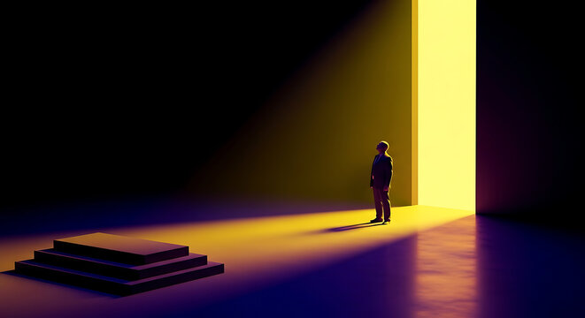 person standing in front of bright doorway with stairs