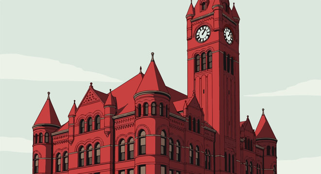Stylized illustration of a grand red brick building with a prominent clock tower and turrets