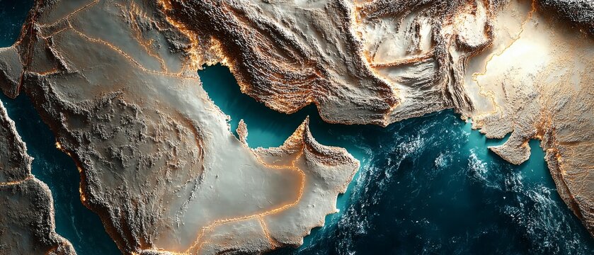 Geopolitical significance of the hormuz strait: a strategic focus. Poster illustration. Detailed mapping of the hormuz strait between iran and oman. Blockbuster art. Cinema artwork.