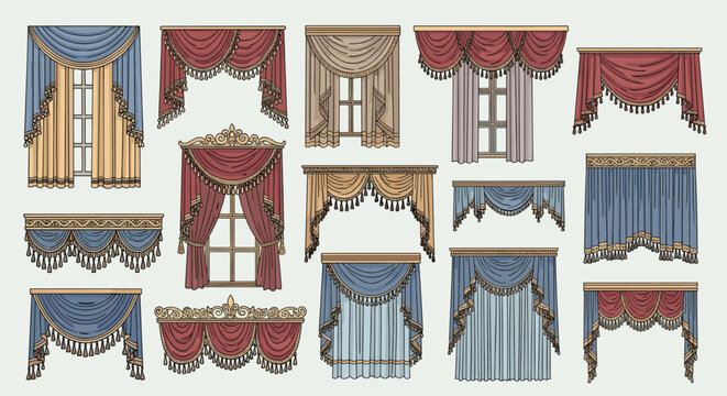 Luxurious window treatment collection featuring elegant classical drapes, sophisticated valances, and opulent curtains with decorative tassels and rich fabrics, ideal for upscale interior