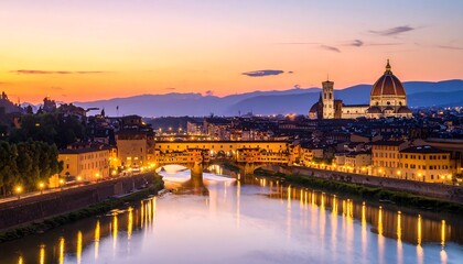 Obraz premium A serene cityscape at sunset with a river and historic buildings