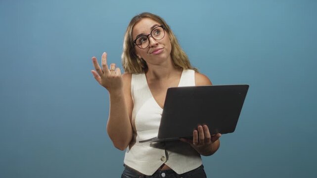 Woman holding laptop with one hand, hand on cheek wearing glasses and vest in studio; thinking pondering curiosity reflection.