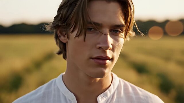 Young man in a white shirt with tousled hair, bathed in golden hour light