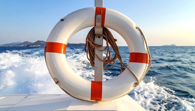 Close-up shot of a white and orange life preserver attached to a boat with ocean waves and a blue sky in the background