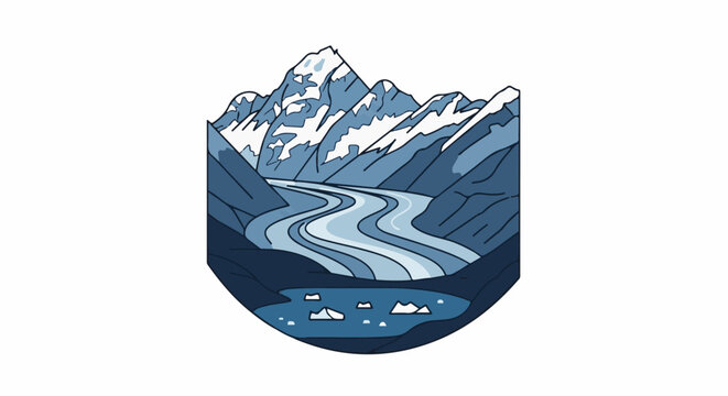 Stylized illustration of a glacial valley with a winding river and icy lake