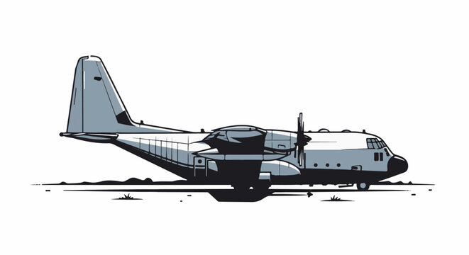 Stylized illustration of a four-engine propeller cargo plane