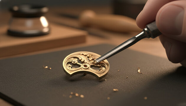 Artisan hand carving floral scrollwork on brass watch balance cock macro