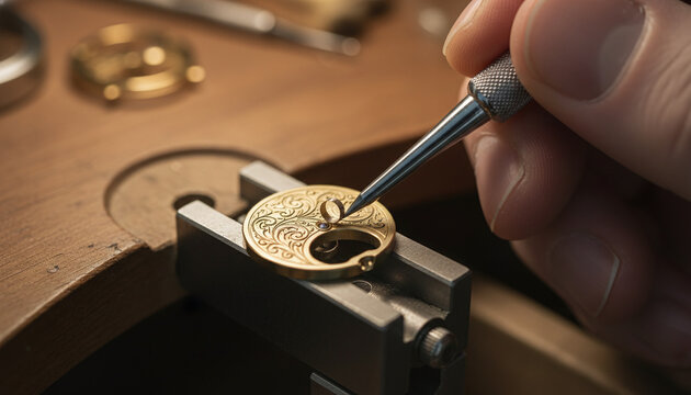 Artisan hand carving floral scrollwork on brass watch balance cock macro