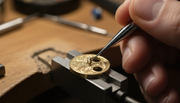 Artisan hand carving floral scrollwork on brass watch balance cock macro