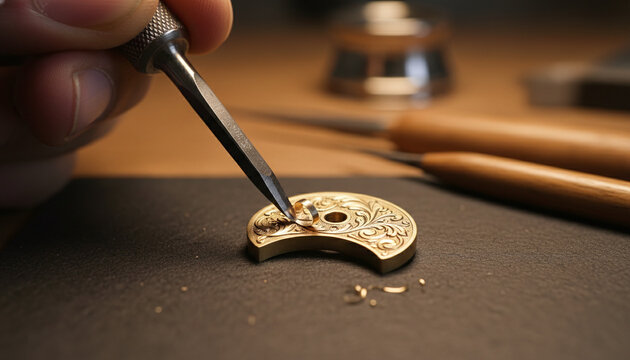 Artisan hand carving floral scrollwork on brass watch balance cock macro