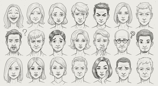 A comprehensive set of diverse human facial expressions showcasing a wide range of emotions and moods for use in psychological studies or communication materials