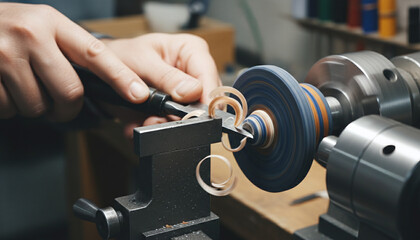 Naklejka premium Artisan turning marbled celluloid resin on lathe for bespoke fountain pen
