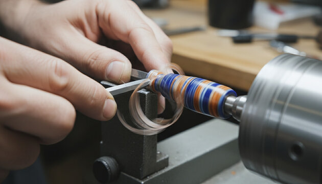 Artisan turning marbled celluloid resin on lathe for bespoke fountain pen