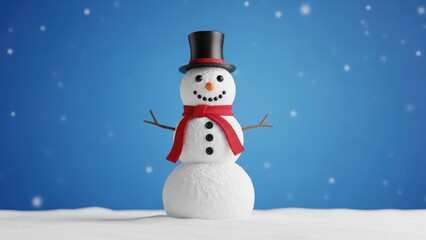 Fototapeta premium Snowman with top hat and scarf stands in snow, against a blue, snowy backdrop