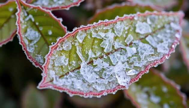 Green leaf covered with ice shards and fros