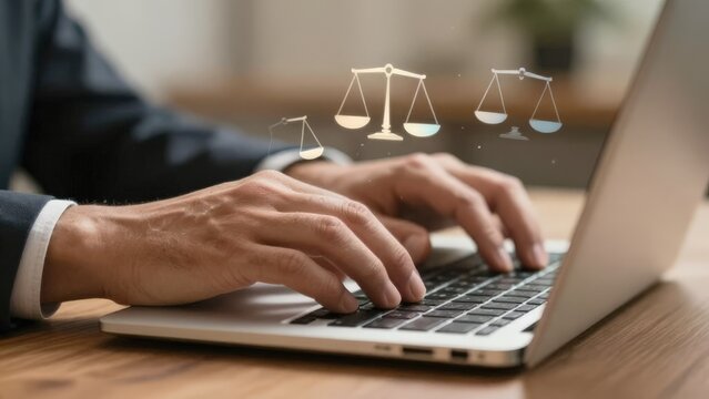 Attorney Typing On Laptop, Scales Hologram Hovering Above Keyboard Representing Virtual Law Practice, Secure Online Consultation, Professional Hands In Suit, Modern Legal Technology Vibe