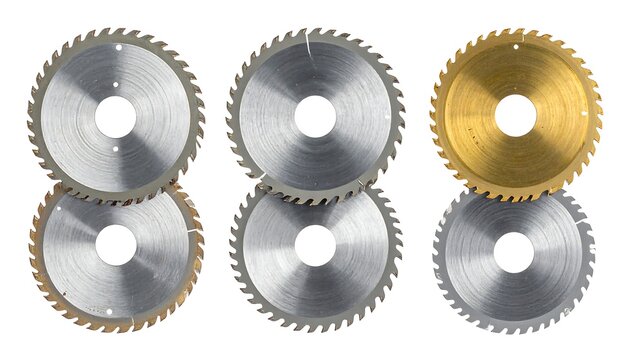 Close-up of six circular saw blades, some silver and some gold, stacked in pairs against a white background. Their jagged teeth are visible