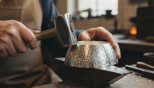 Traditional silversmithing planishing process with steel hammer on sterling silver bowl