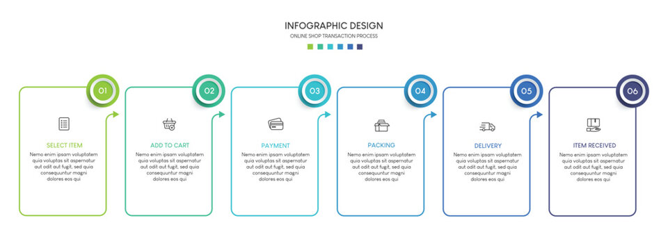 A colorful infographic design template with six steps and a modern layout