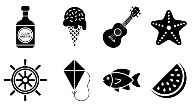 Set of eight black flat summer vacation icons including marine elements and leisure activities arranged in a grid pattern on transparent background