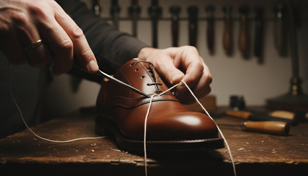 Bespoke shoemaker hand stitching Goodyear welt on leather oxford shoe