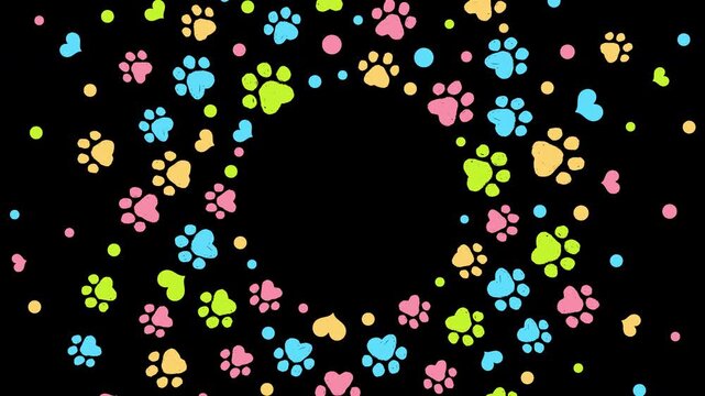 paw print hand drawn illustration rotating frame background on alpha channel