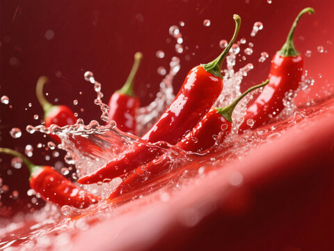 Red Chilli Splash Water Red Background