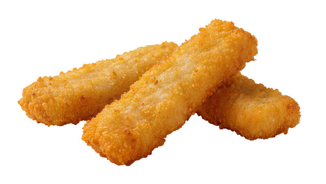 Golden crispy fried fish sticks with textured breading, perfectly arranged isolated on transparent background for menu designs and promotional material