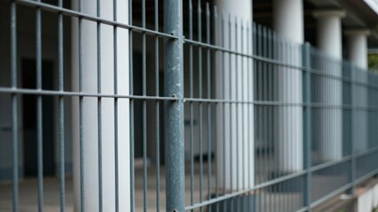 Fototapeta premium Metal Fence Closeup Framing Urban Columns, Shallow Depth Of Field Creates Soft Blur On Background Concrete, Cool Tones Emphasize Industrial Texture And Repetitive Vertical Lines, Composition