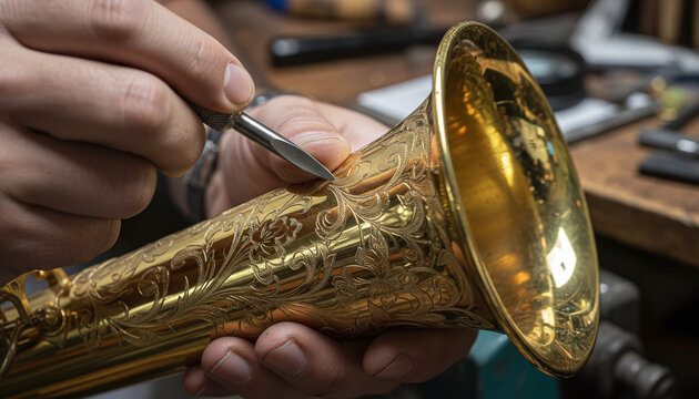 Artisan hand engraving floral scrollwork on golden brass saxophone bell
