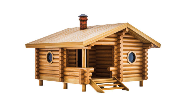 Rustic log cabin with brown shingled roof small wooden porch and brick chimney, isolated on transparent background for architectural designs