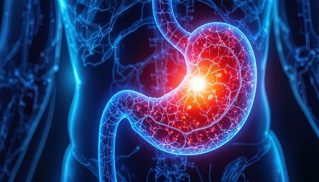 3D Rendering of a Human Stomach with Pain Indication, Glowing Red and Orange, Surrounded by the Body's Vascular System in Blue Tones