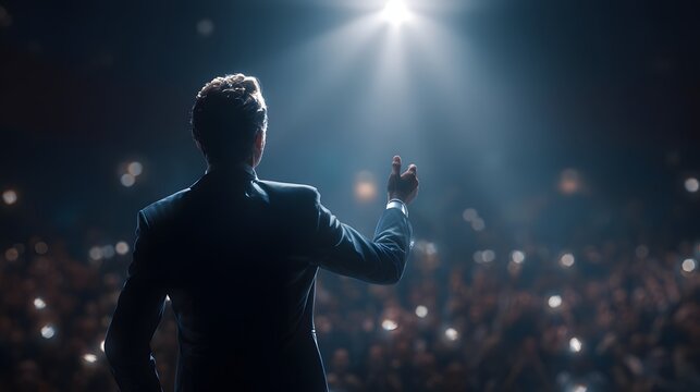 Confident male speaker performing on stage with dramatic spotlight and audience