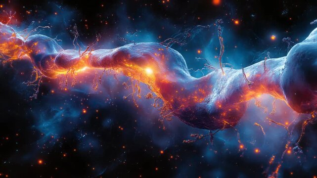 A vibrant cosmic depiction of a biological structure, glowing in hues of blue, orange, and red